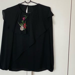Zara Black Blouse with Floral Embroidery Detail